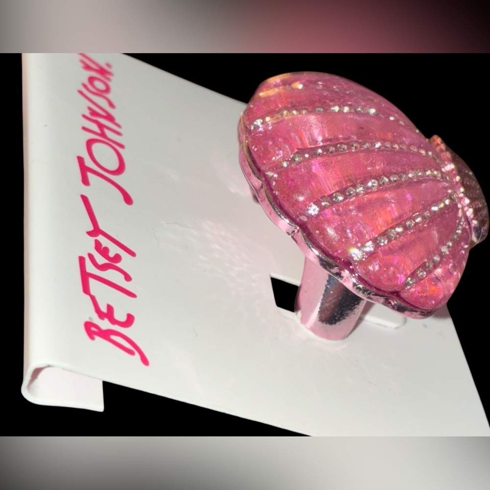 BETSEY JOHNSON Mermaid Jewels Glittering Pale Pink & Silver Stretch Ring NEW NWT - Picture 8 of 9
